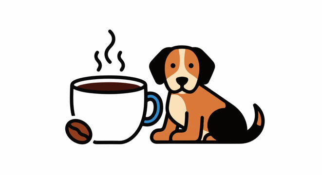 Adorable cartoon dog and steaming coffee cup with bean
