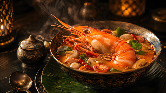 Luxury Tom Yum Goong in Premium Bowl with Cinematic Lighting, Authentic Thai Fine Dining Restaurant Advertising Photography