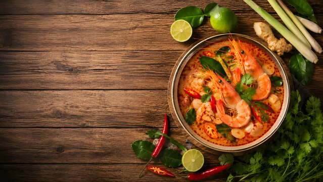 Luxury Tom Yum Goong in Premium Bowl with Cinematic Lighting, Authentic Thai Fine Dining Restaurant Advertising Photography