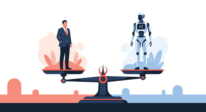 Comparison between human and artificial intelligence featuring a businessman and a robot on a balance scale representing future work.