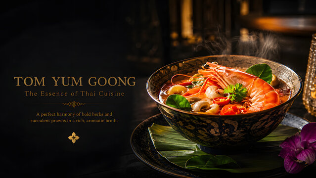 Luxury Tom Yum Goong in Premium Bowl with Cinematic Lighting, Authentic Thai Fine Dining Restaurant Advertising Photography