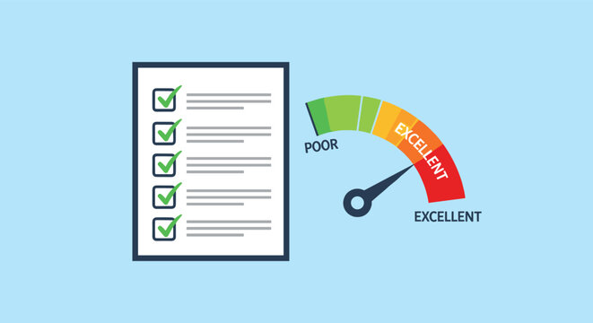 Performance evaluation form with green checkmarks and a gauge meter showing a needle pointing to the excellent rating section icon.