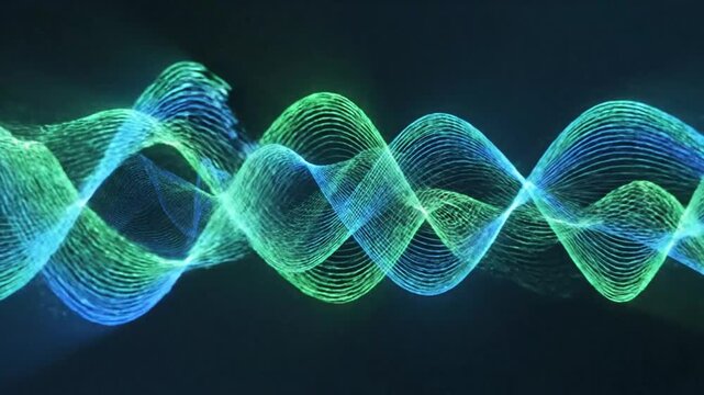Abstract waves of light with green and blue tones moving across a dark background