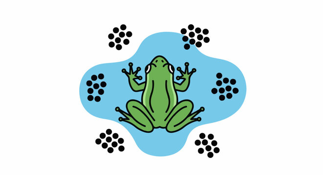 Cartoon green frog sitting on a light blue blob with black dots