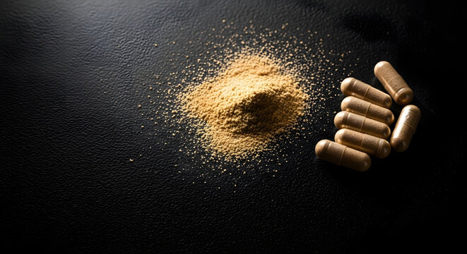 Brown powder and capsule pills.