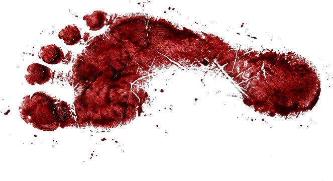 a single bright red human footprint stamped horizontally on a plain white background with minor paint splatters around it