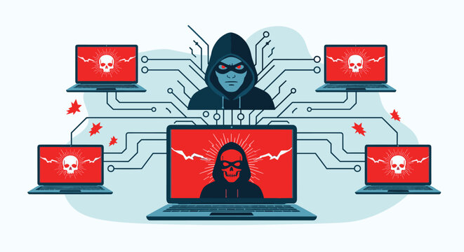 Cyber security threat and computer hacking concept showing multiple laptops with skull icons and a central hooded hacker silhouette.