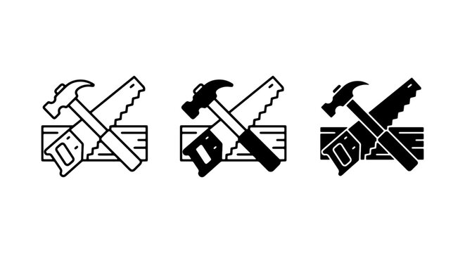 Crossed Hammer and Saw Icons, Carpentry Tools Set, Woodworking Symbols, Construction Vector Graphics