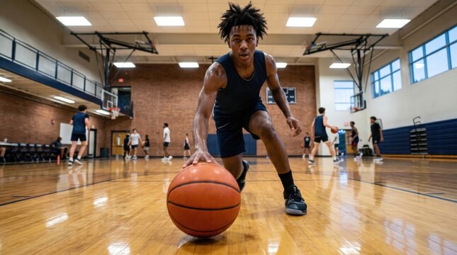 African american basketball player dribbling ball in indoor gym. Teenager training during practice session. Sports activity, healthy lifestyle and athletic competitive game concept.