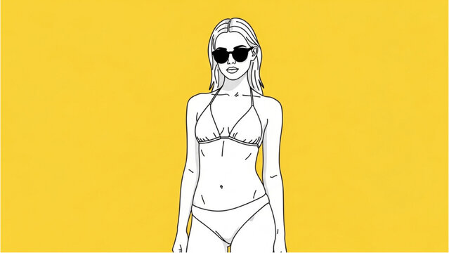 2D CAD illustration of a woman in bikini and sunglasses standing
