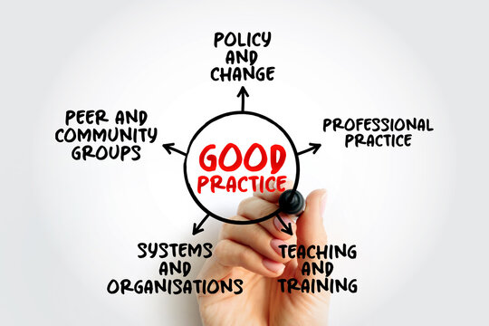 Good Practice diagram displaying policy, change, professional practice, teaching, training, and community groups. A hand points a marker at the central theme of quality and ethics