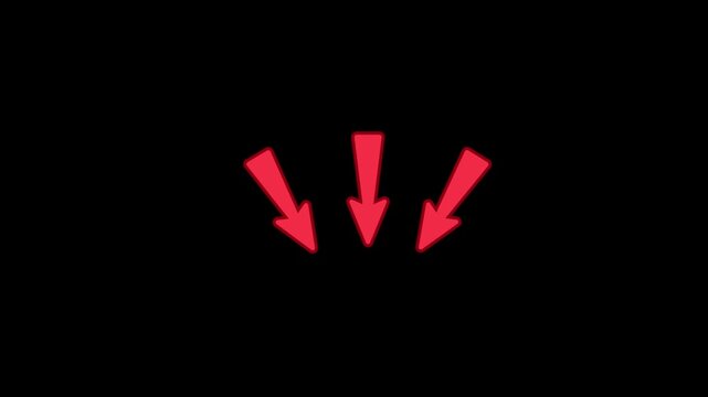 Three thick red arrows appearing one by one and pointing down. Triple bold pointer animation for text notice and attention on black