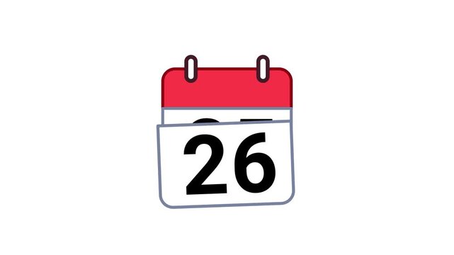 Animated tear-off calendar pages falling down from 31 to 1. Flat style time lapse date counter disappearing on white