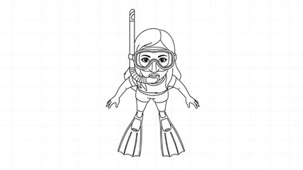 2D CAD illustration of a girl snorkeling in the ocean with diving gear on © Stock Image Paradise