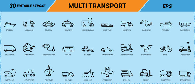Multi transport line art icons set, electric car, bullet train, cargo plane, fire truck, delivery drone, ambulance, bulldozer, speedboat, forklift, editable stroke, Vector EPS