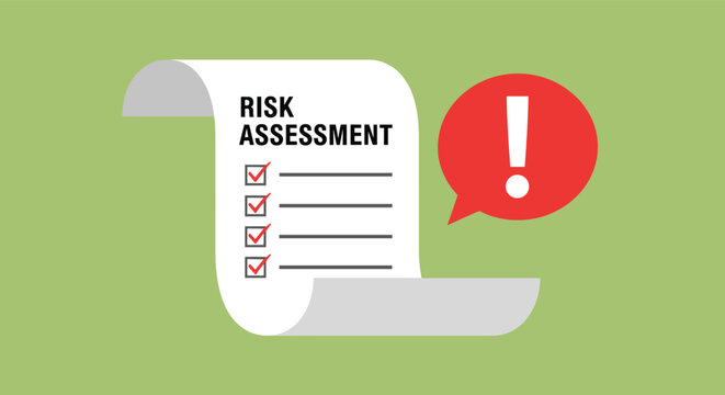 Safety risk assessment clipboard with red checkmarks and a large red exclamation mark notification bubble for workplace hazards.