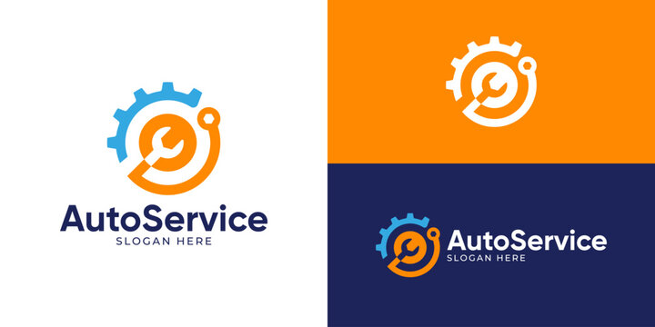 Creative simple auto service logo template. Abstract gear with wrench tool symbol logo design vector illustration.