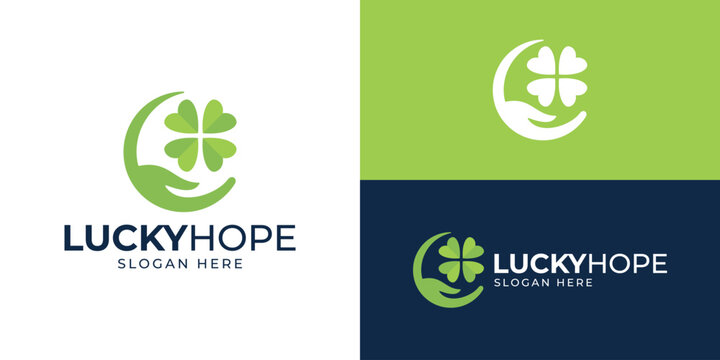 Creative simple lucky hope logo template. Hand with clover luck symbol logo design vector illustration.