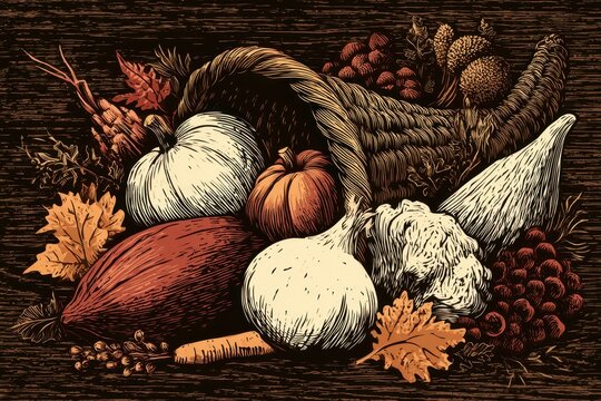 Harvest cornucopia overflowing with pumpkins and grapes in a detailed still life with sharp focus and warm tones for seasonal marketing