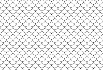 Fish scale seamless pattern. Mermaid, dragon, snake scales background. Water wave, roof tiles black line wallpaper. Mermaid tail pattern. Snake skin, fish endless texture. Japanese minimal ornament. © Hanna
