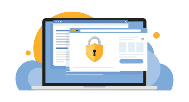 Internet privacy and cyber security concept showing a laptop screen with multiple browser windows and a protective shield lock icon.