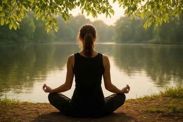 Fototapeta premium woman meditates by a calm lake under soft sunlight. Surrounded by gentle nature and golden reflections, she embodies peace, balance, and inner harmony in a tranquil outdoor setting.