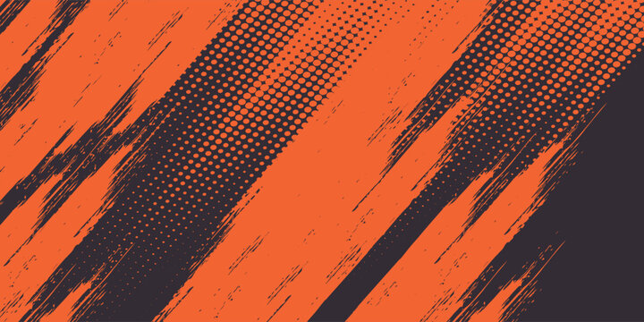 Orange and black grunge urban background with dry rough texture and halftones pattern. Hand drawn punk vector retro banner. Overlay texture stamps modern arts