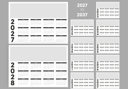 Wall Calendar 2027 to 2037