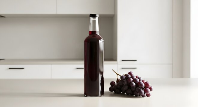 Botol Jus Anggur Merah Segar di Atas Meja Dapur Minimalis