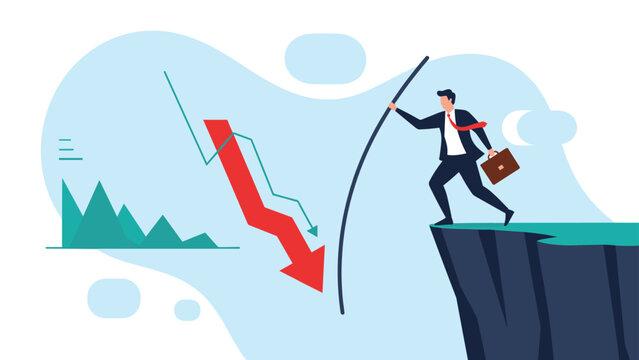 Daring businessman uses a pole to vault over a deep cliff gap while a red arrow on a graph plummets downwards in the background.