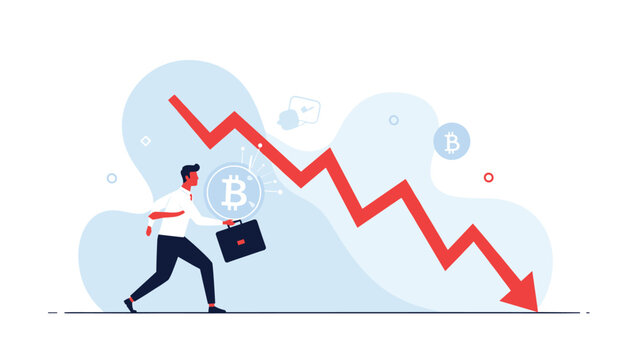 Investor runs away from a sharp downward trend in the bitcoin market as cryptocurrency values plummet during a period of high volatility.