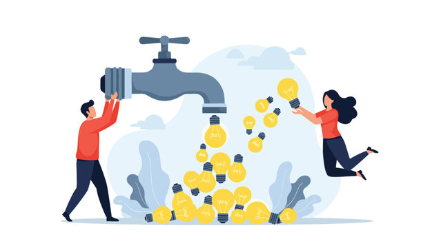 Creative team turns a giant faucet to release a stream of glowing lightbulbs representing a constant flow of innovative ideas and solutions.