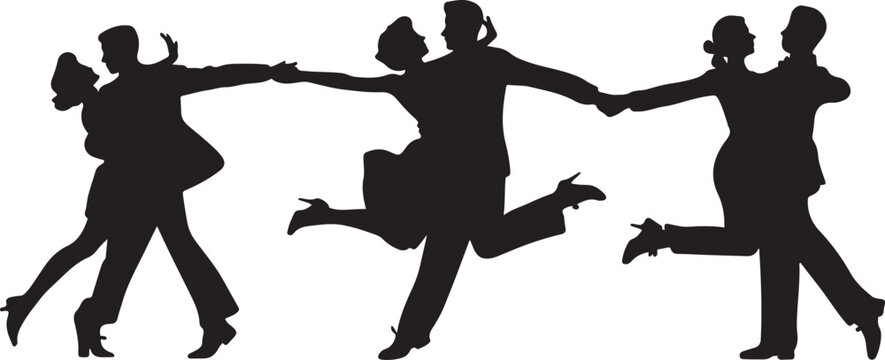 Black silhouettes of retro dancing couples featuring swing and lindy hop dancers jumping and performing romantic ballroom moves isolated  silhouette vector illustration