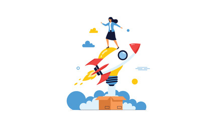 Fototapeta premium Innovative woman stands on a rocket shaped like a lightbulb launching from a cardboard box to represent new ideas and startup growth.