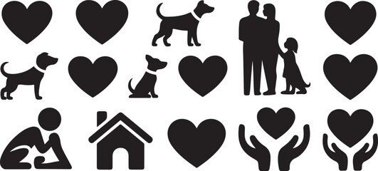 Fototapeta premium Collection of black silhouette icons depicting love and care including hearts dogs couple house and hands isolated silhouette vector illustration