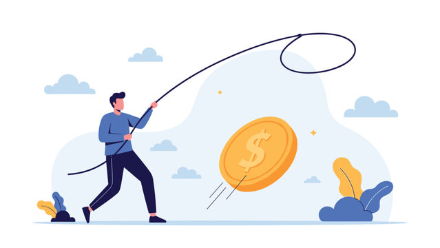 Determined man uses a lasso to catch a giant flying gold coin to represent wealth capture and seizing profitable financial opportunities.