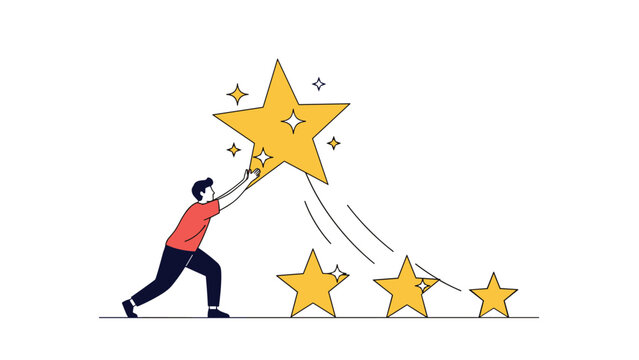 Man pushes a giant golden star toward others to represent the process of rating products or services and striving for five-star excellence.