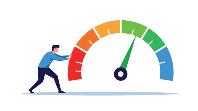 Man exerts effort to push the needle of a large colorful gauge to the maximum level representing high performance and peak efficiency.