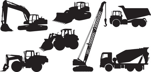 Heavy construction equipment silhouettes collection featuring excavator, bulldozer, dump truck, loader, crane and concrete mixer for industrial building. silhouette vector illustration © MstMoushumi
