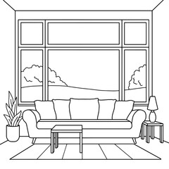 Fototapeta premium Living room graphic black white interior sketch illustration vector 