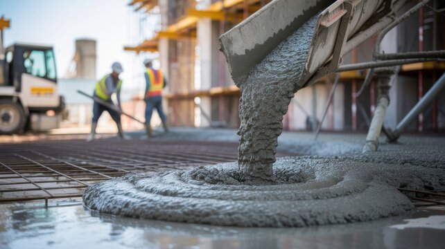 Wet concrete pouring from a mixer chute onto a steel rebar mesh at a construction site with workers in the background