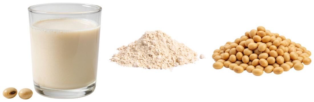 Glass of soy milk, pile of soy flour, and heap of soybeans isolated on transparent background