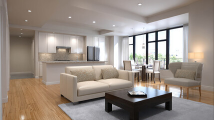 Fototapeta premium A modern and spacious open-plan living area and kitchen, bathed in natural light from large windows. The living room features a comfortable sofa and a coffee table.