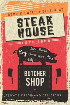 Butcher poster. Vintage vector design with butcher shop typography, pig cut diagram, meat cleavers, distressed texture, and retro red background