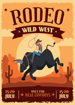 Rodeo poster. Vintage vector invitation with cowboy riding a wild bull, western desert landscape, cactus silhouettes, and retro rodeo typography