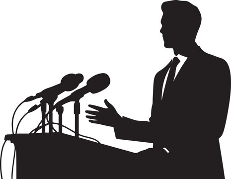 person giving speech at podium with microphones, formal attire artwork symbolizing leadership, communication, authority silhouette vector illustration