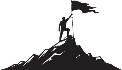 Fototapeta premium Silhouette man on mountain peak holding flag. silhouette vector illustration