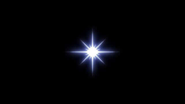 Glowing and twinkling star motion graphics on black screen background. shiny Optical flare light with sparkle rays rotating,sparkling glitter stars, shine twinkle magic,looping animation. 4k