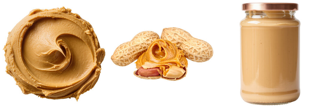 Peanut butter swirl, peanuts in shells and open, and a jar of peanut butter, isolated on transparent background