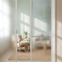 Fototapeta premium Modern interior view through sliding glass doors with frosted glass and integrated blinds, revealing a cozy sunlit room with a wooden armchair, a small plant, and a textured rug